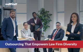 Diverse team of legal professionals in a modern office representing how Legal Process Outsourcing supports inclusive and collaborative law firm environments.