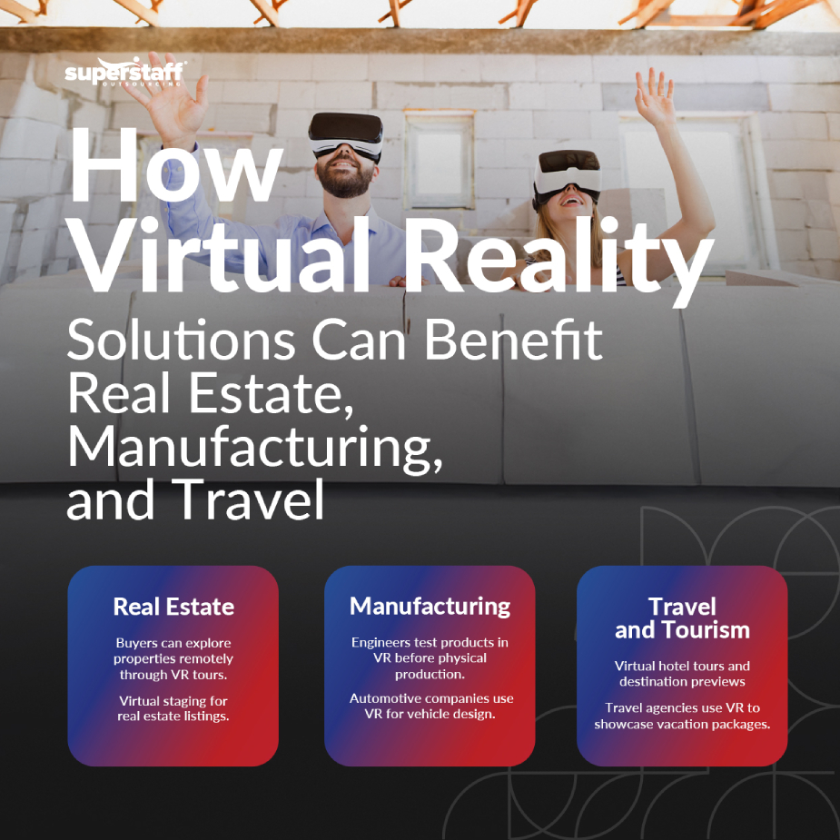 A mini infographic shows how virtual reality solutions can benefit real estate, manufacturing, and travel.