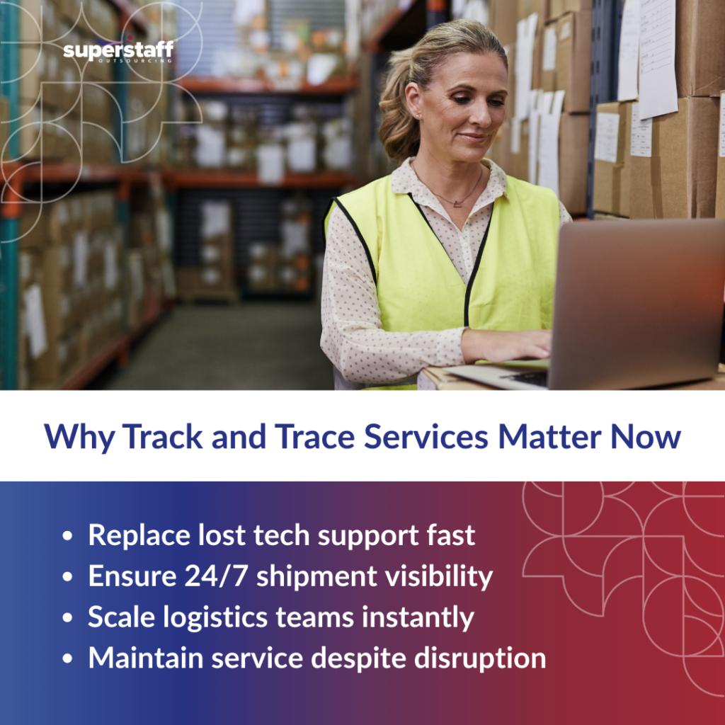 Woman in warehouse using laptop for track and trace services.