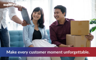 Smiling couple receiving delivery and engaging with customer service representative—illustrating experiential retail through personalized and memorable customer interactions.