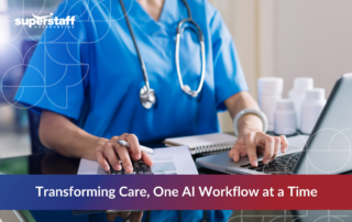 Healthcare professional using a laptop and analyzing documents in a clinical setting, representing the growing role of AI in healthcare to streamline workflows and enhance patient care.