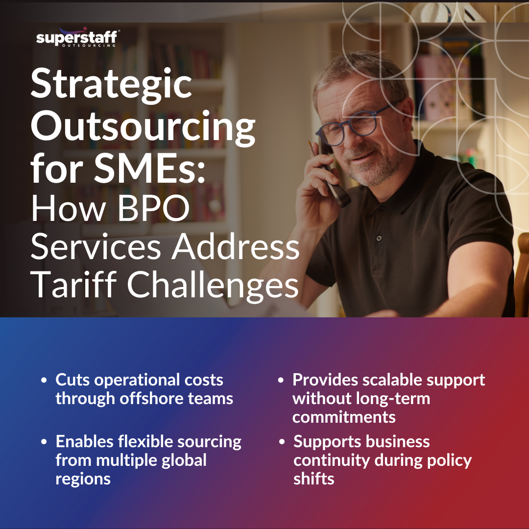 Man on phone with text about strategic outsourcing for SMEs and how BPO solves tariff challenges.