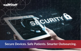 Person holding a tablet displaying digital security interface, highlighting secure medical device outsourcing solutions.