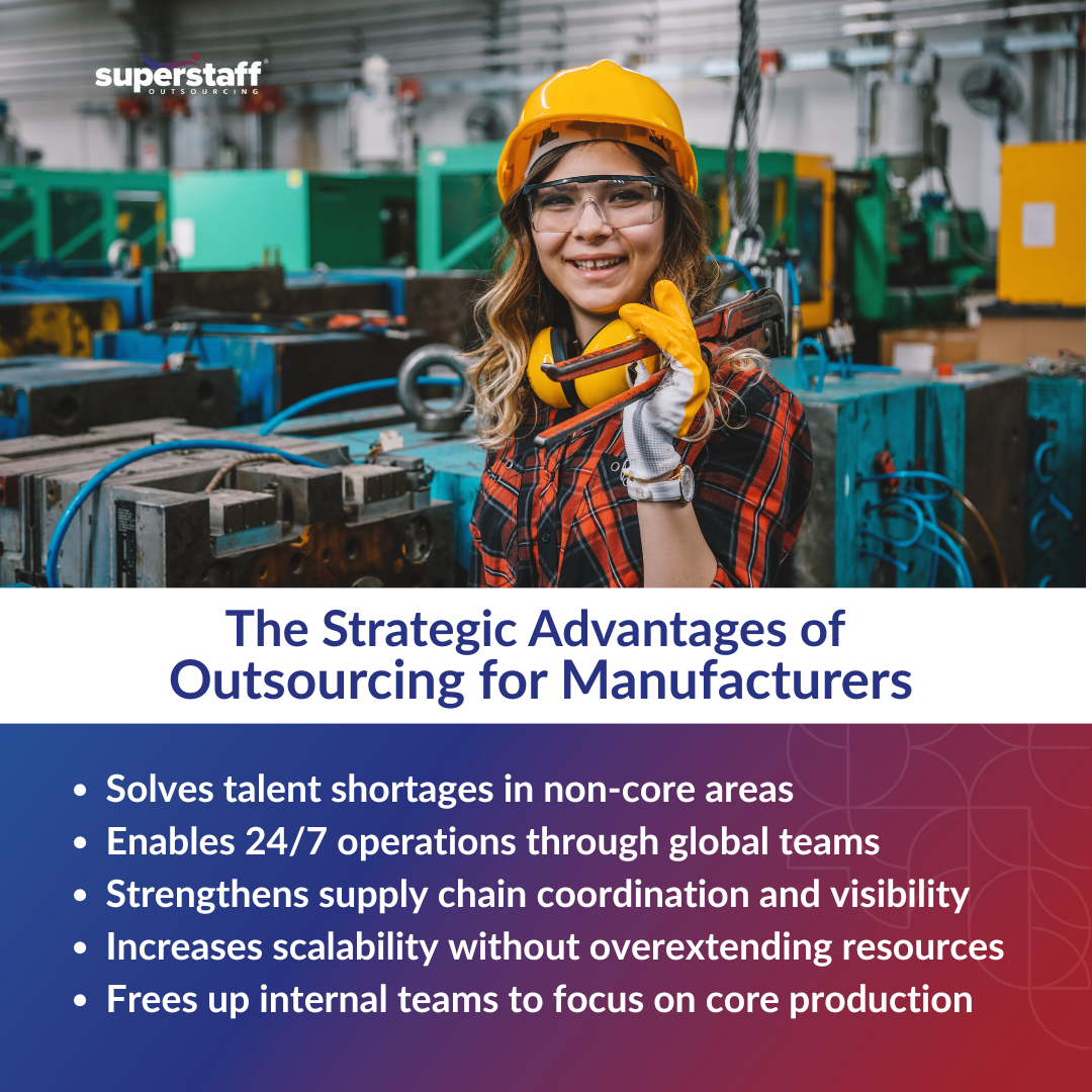 Female welder with helmet holds tool; infographic on outsourcing for manufacturers benefits shown.