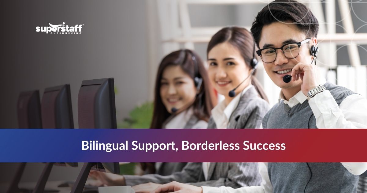 A diverse team of agents smiling while providing bilingual call center services at their desks.