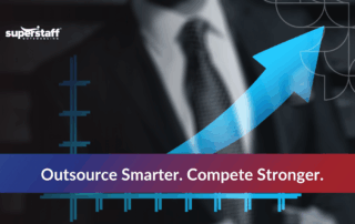Professional image showcasing a businessman with an upward arrow and the text "Outsource Smarter. Compete Stronger."