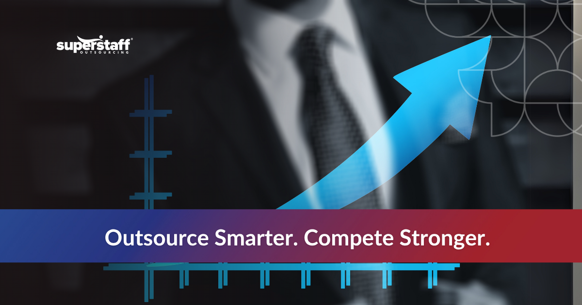 Professional image showcasing a businessman with an upward arrow and the text "Outsource Smarter. Compete Stronger."