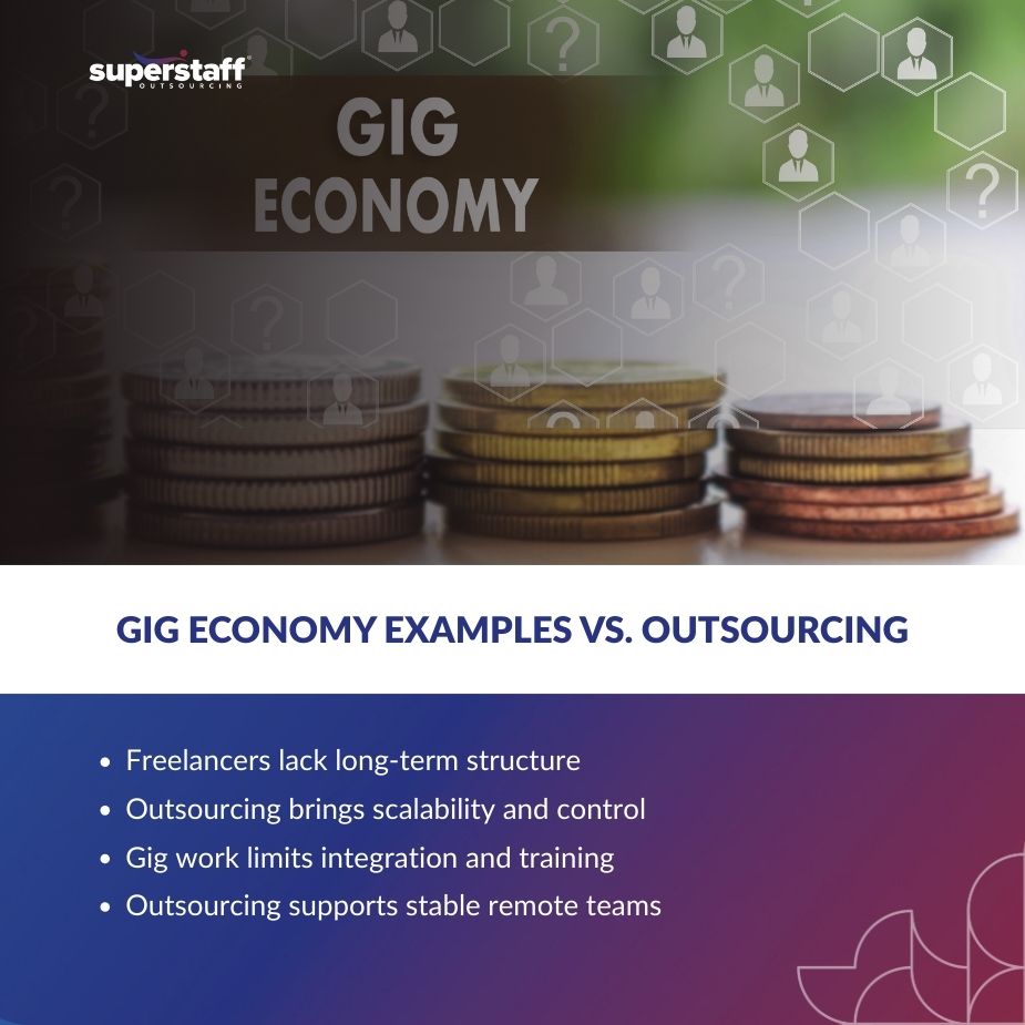 Coins stacked with text highlighting gig economy examples versus outsourcing benefits for scalable workforces.