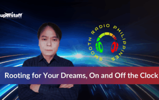 SuperStaff employee featured with Smooth Radio Philippines logo, highlighting support for side hustles and passion projects like Smooth Radio.