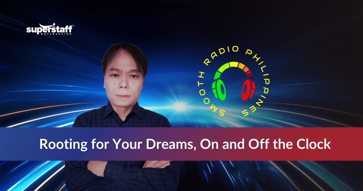 SuperStaff employee featured with Smooth Radio Philippines logo, highlighting support for side hustles and passion projects like Smooth Radio.