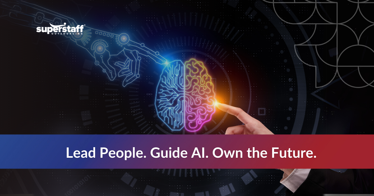 Human and AI hands pointing to brain: Lead People. Guide AI.