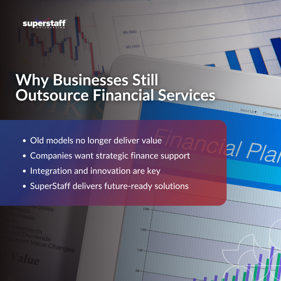 Mini infographic titled “Why Businesses Still Outsource Financial Services” with insights on shifting trends and strategic value in modern outsourcing.