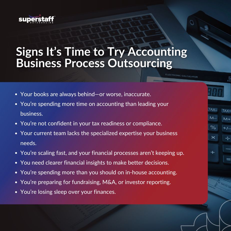 List of signs indicating the need for accounting business process outsourcing, featuring a calculator and documents.
