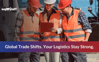 Logistics team working together with text about global trade shifts