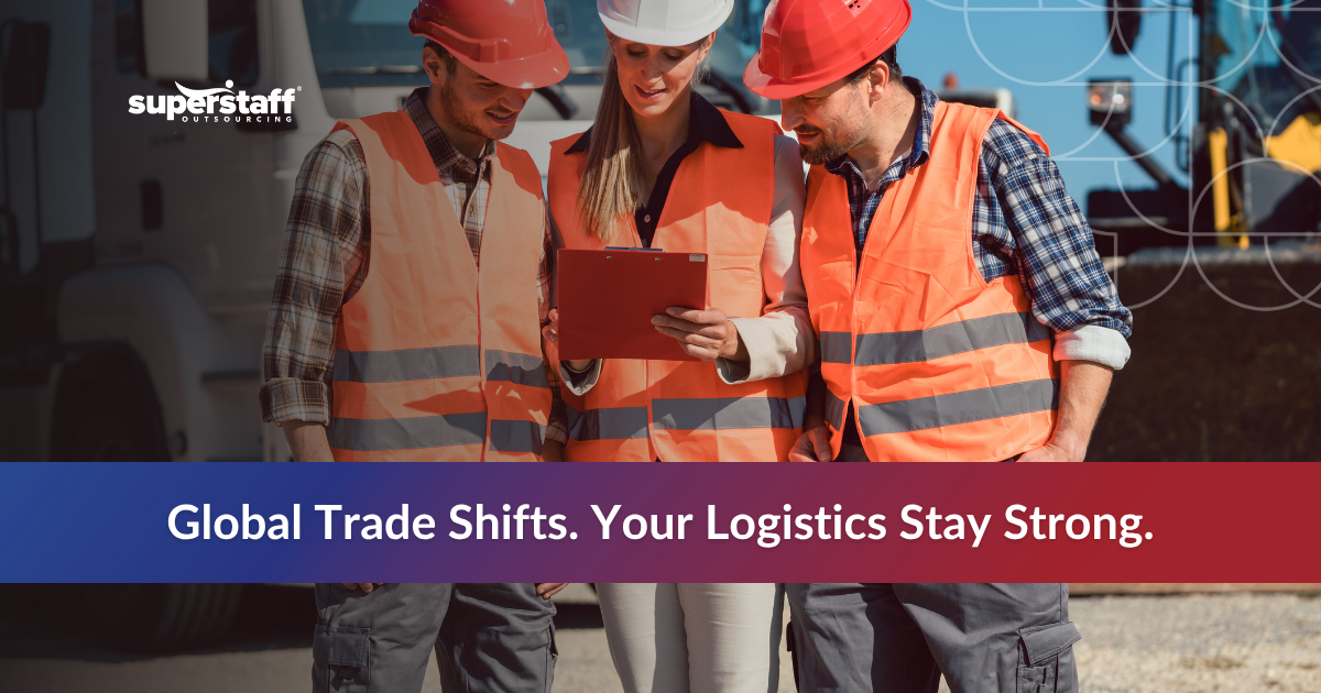 Logistics team working together with text about global trade shifts