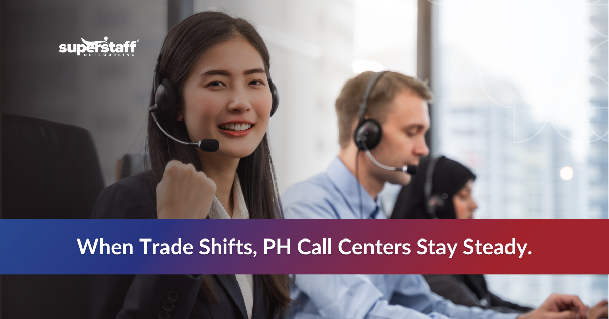 Filipino BPO workers with text 'PH Call Centers Stay Steady’