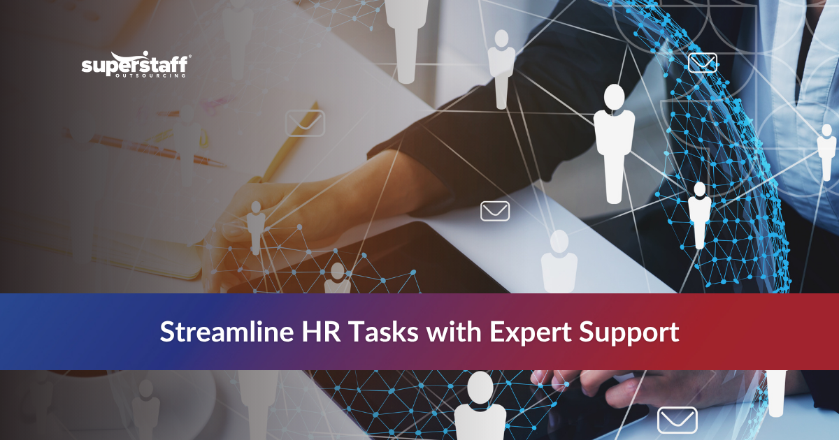 Person working on a tablet with HR icons and text promoting streamlined HR tasks and expert support.