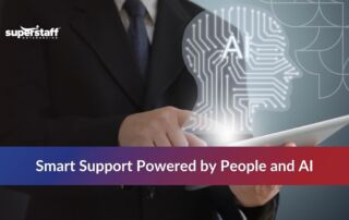 Man holding tablet with AI screen, text: Smart Support