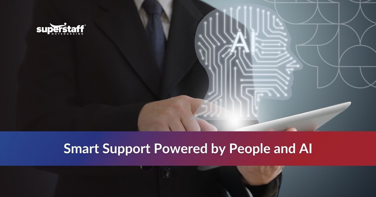 Man holding tablet with AI screen, text: Smart Support