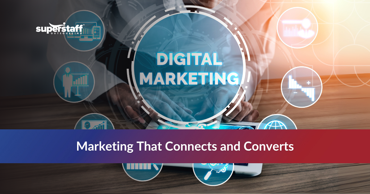 Hands using a tablet with digital marketing icons and the text "Marketing That Connects and Converts.