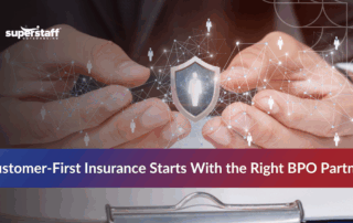 Hands holding a digital shield symbolizing customer-first insurance through BPO partnerships.