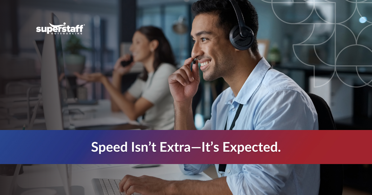 BPO worker answering calls with text about fast customer service