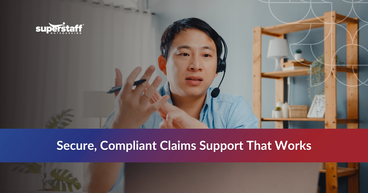 Call center agent working on insurance claims outsourcing, reviewing data and calculations