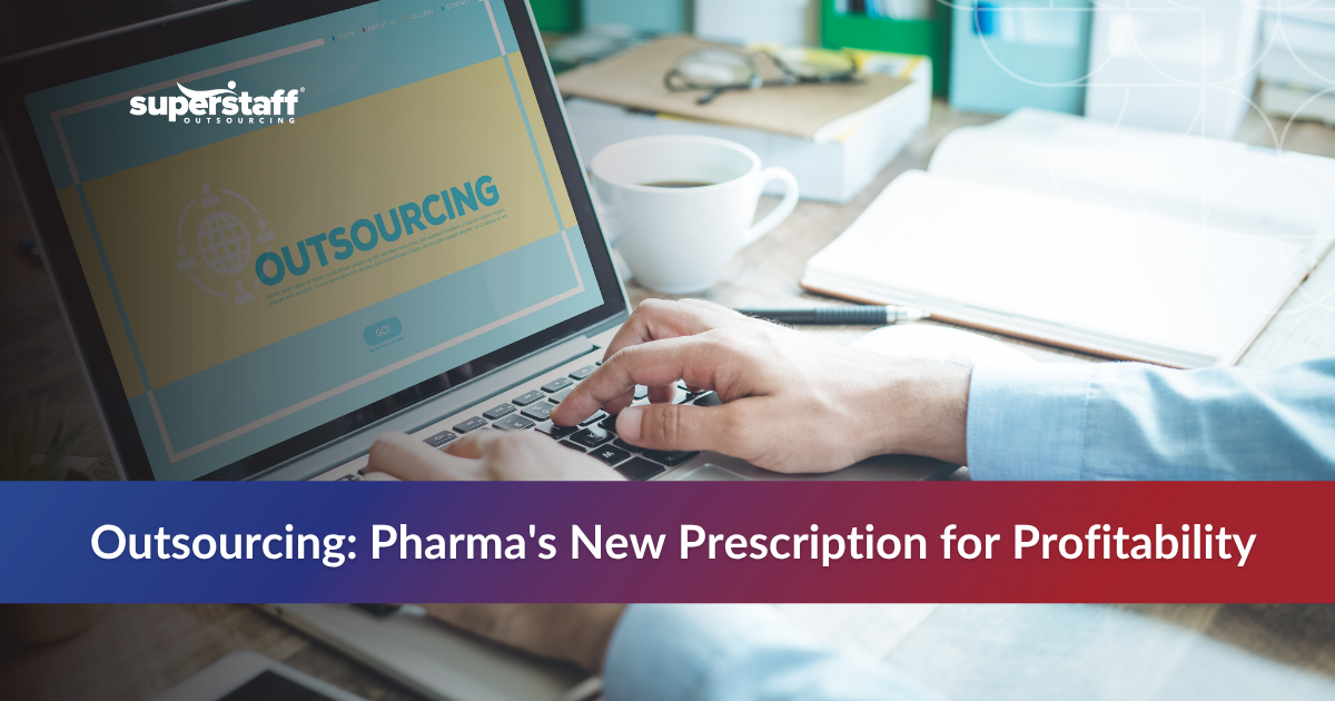 Hand on laptop with about outsourcing pharma