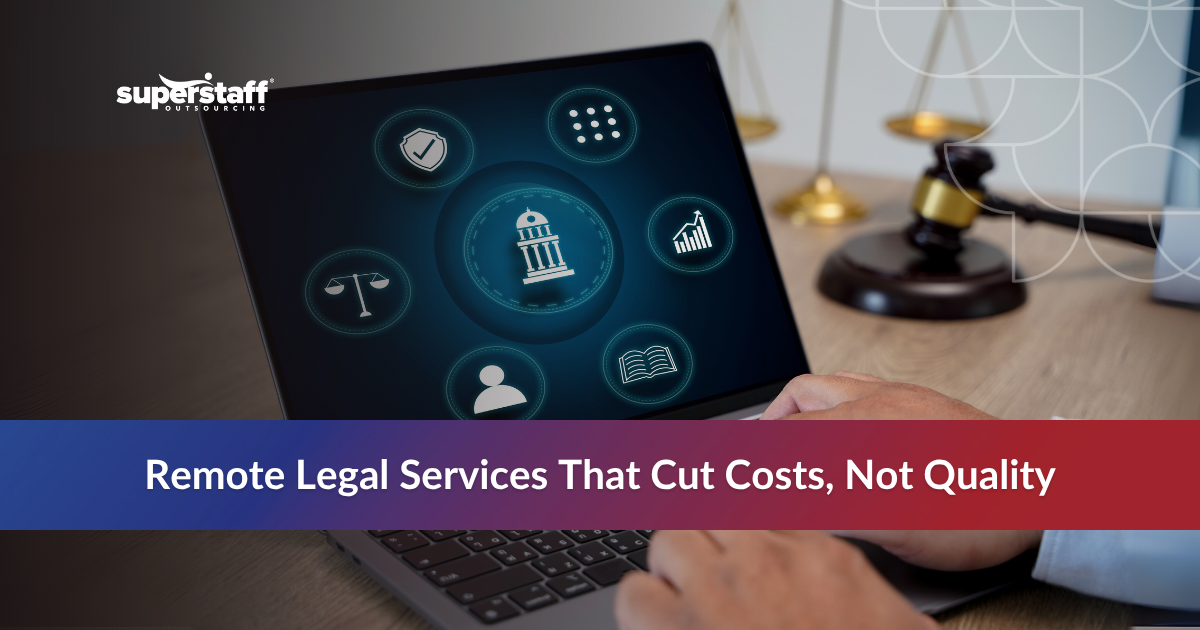 Remote legal professional using laptop with legal icons, representing remote legal services and virtual legal assistant tasks