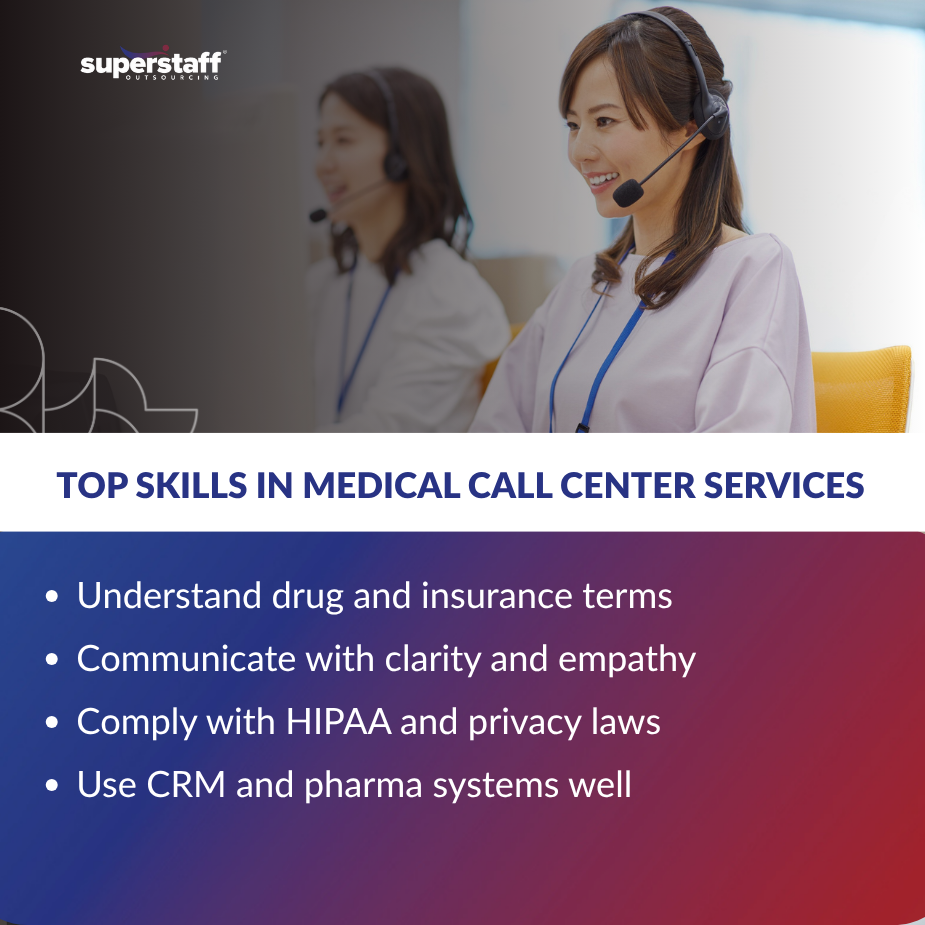 Two female agents wearing headsets working in a bright office, representing the professionalism and expertise behind top-tier medical call center services.