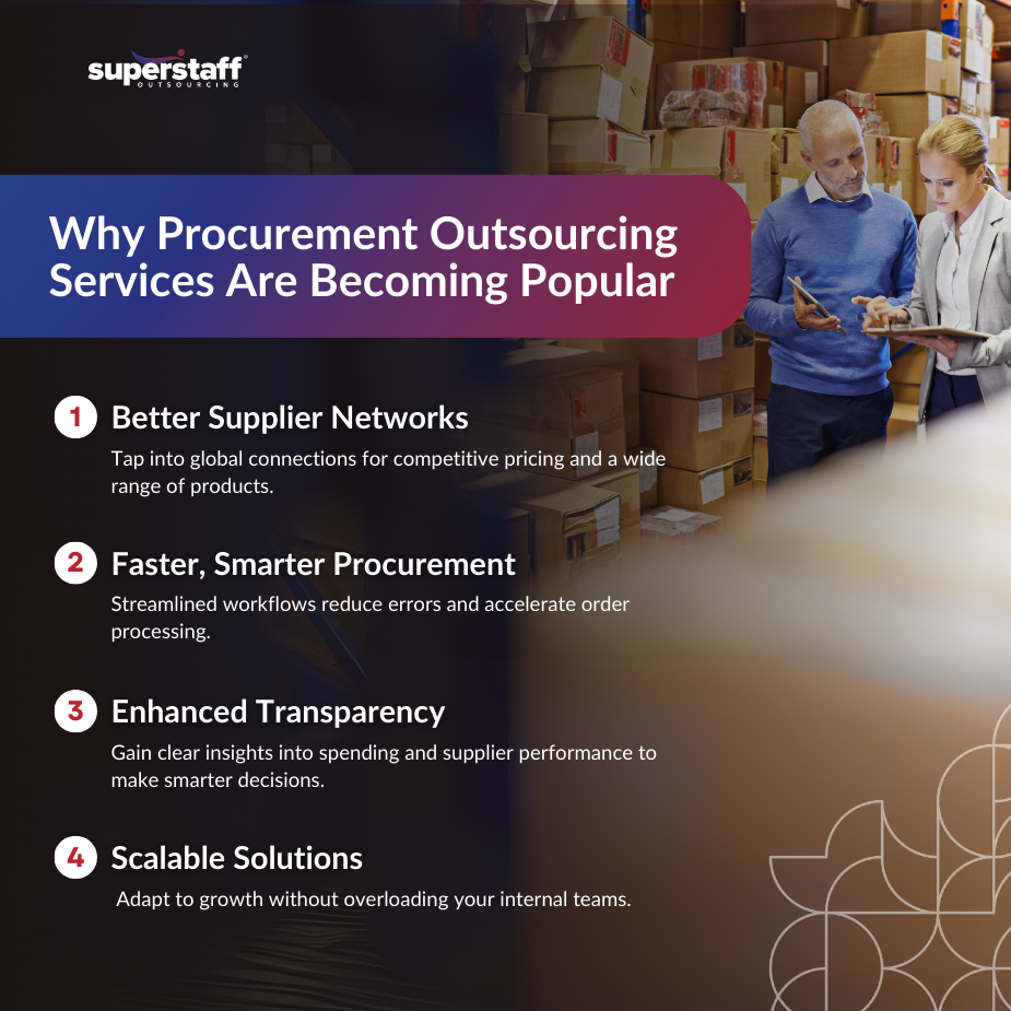 Business team analyzing supplier data and spend trends using procurement outsourcing services.