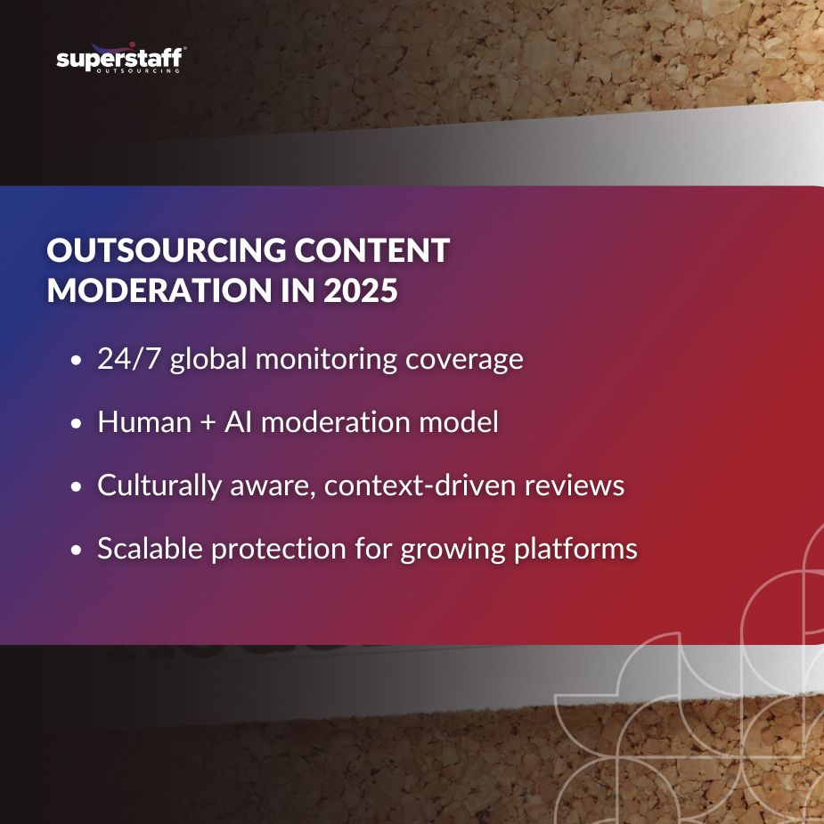 Overview of outsourcing content moderation in 2025, highlighting key benefits and features offered by Superstaff.