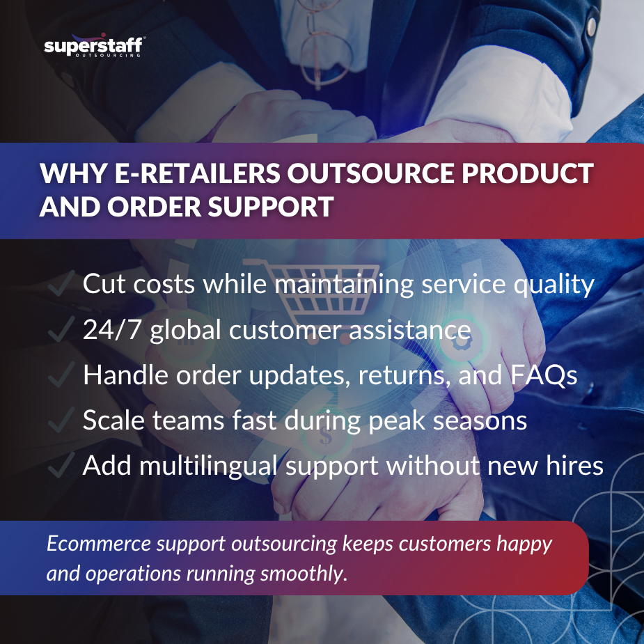 Hands with digital shopping icons, symbolizing eCommerce support outsourcing services.