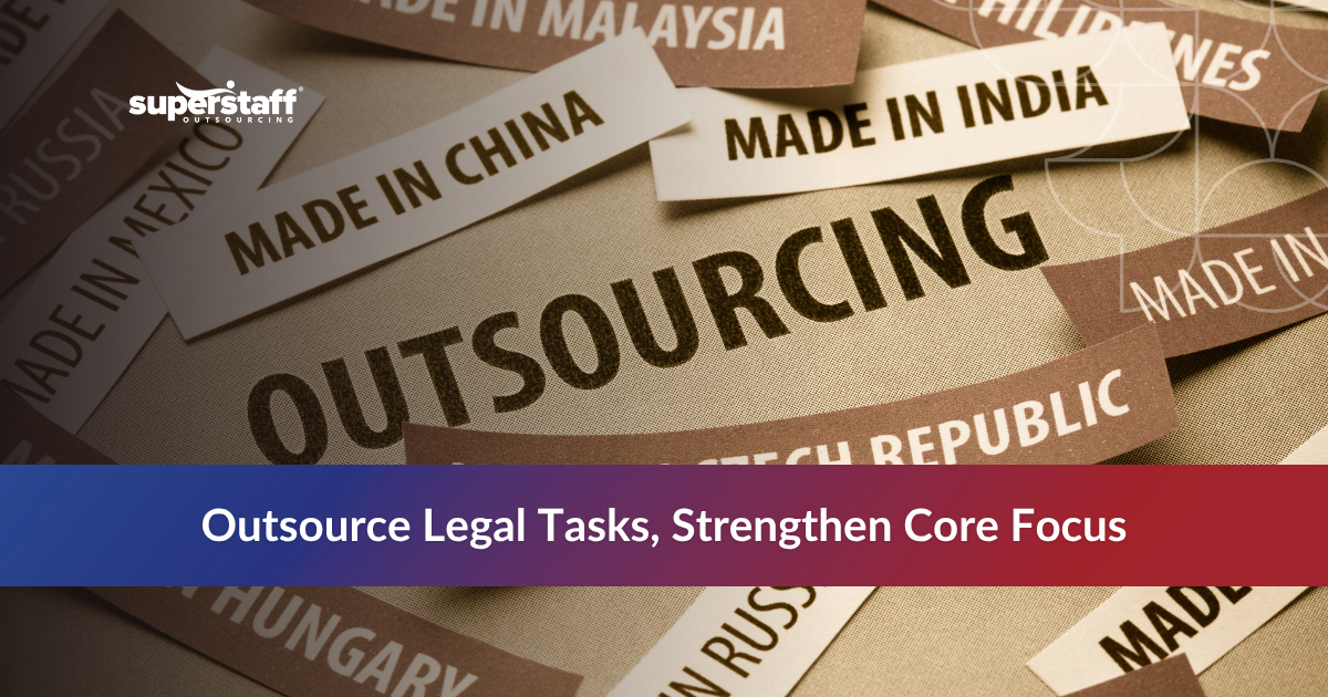 Labels showing "Made in" countries and the word "Outsourcing," emphasizing global legal support options.