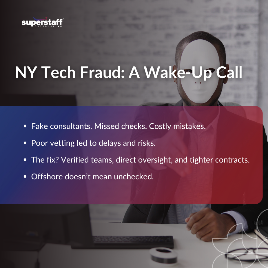 A masked figure warning about tech fraud in NY, emphasizing the need for proper offshore consultant vetting in NY.