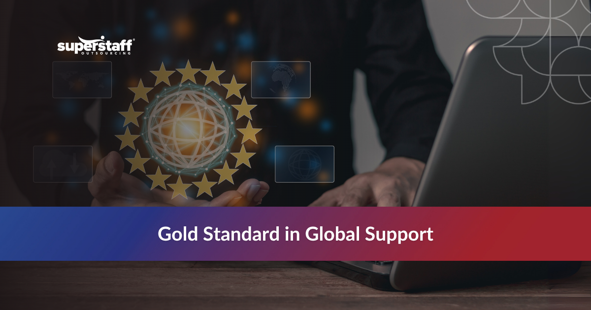 Man working on a laptop with gold star icons, representing excellence in Philippine outsourcing.
