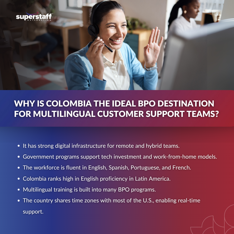 A woman in a headset engages in a call, highlighting Colombia's advantages for multilingual customer support teams.