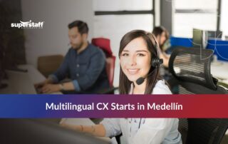 Team of Medellín multilingual talent working in a modern office, showcasing English-Spanish fluency.