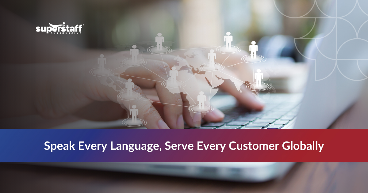 Hand typing with floating icons, representing multilingual call center services.