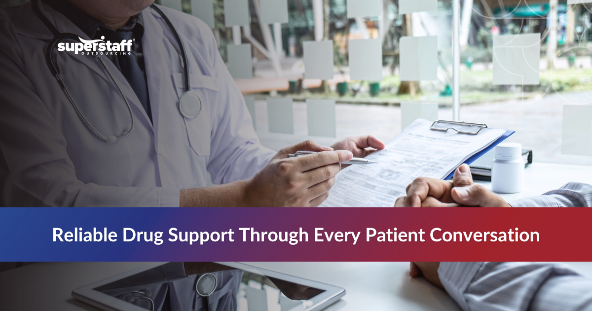 Doctor presenting patient files during a consultation, representing pharmaceutical call center support and patient engagement in healthcare.