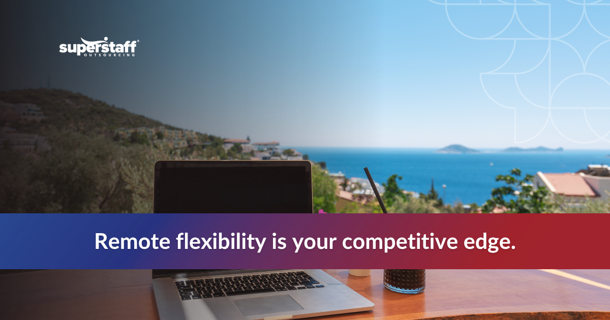 Laptop on a table with a scenic ocean view, emphasizing remote work flexibility for BPO success.