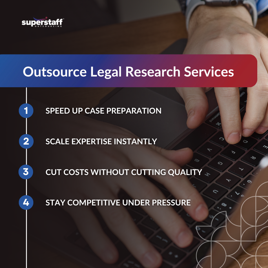 Hands typing on a laptop showcasing benefits of outsourcing legal research services for legal professionals.