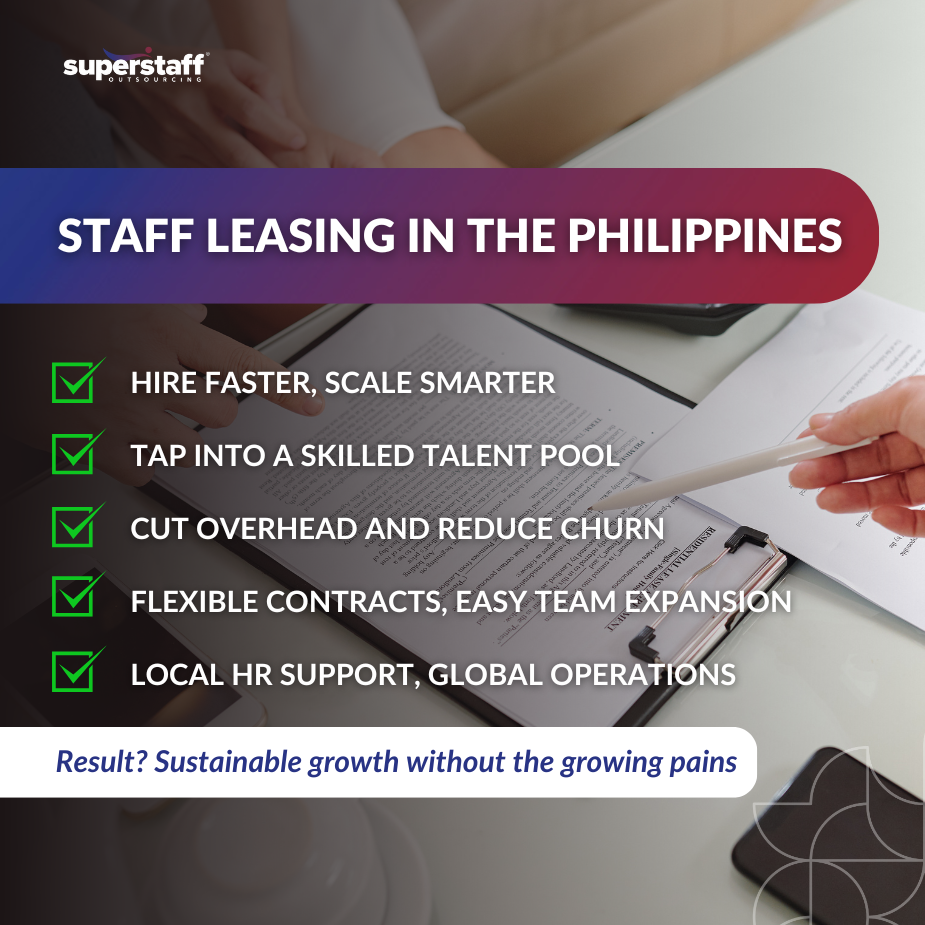 Hands reviewing documents for staff leasing in the Philippines, highlighting hiring benefits and global operations.