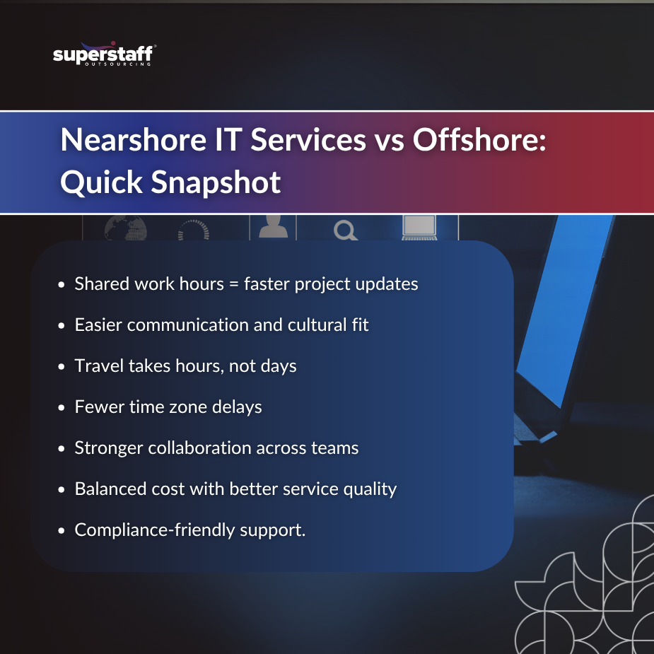 Comparison of nearshore IT services and offshore options, highlighting benefits like faster updates and stronger collaboration.