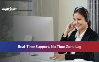 Happy call center agent taking calls, representing nearshoring Colombia