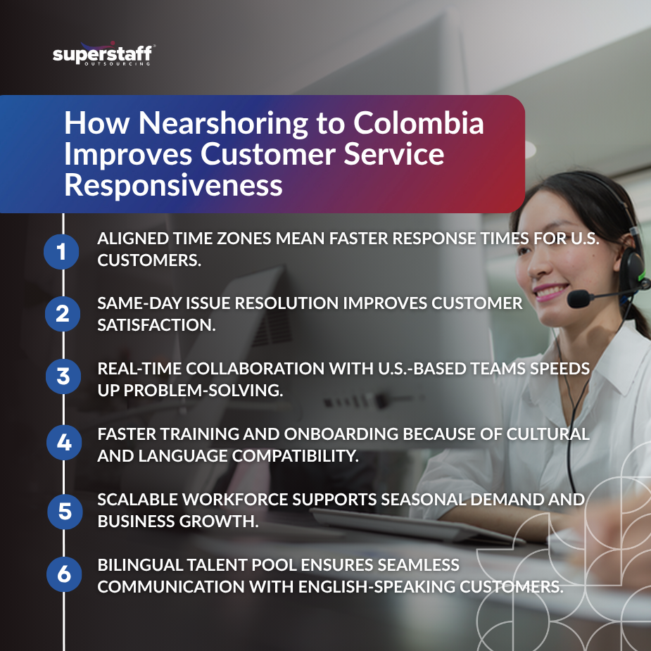 Happy call center agent taking calls, representing nearshoring Colombia