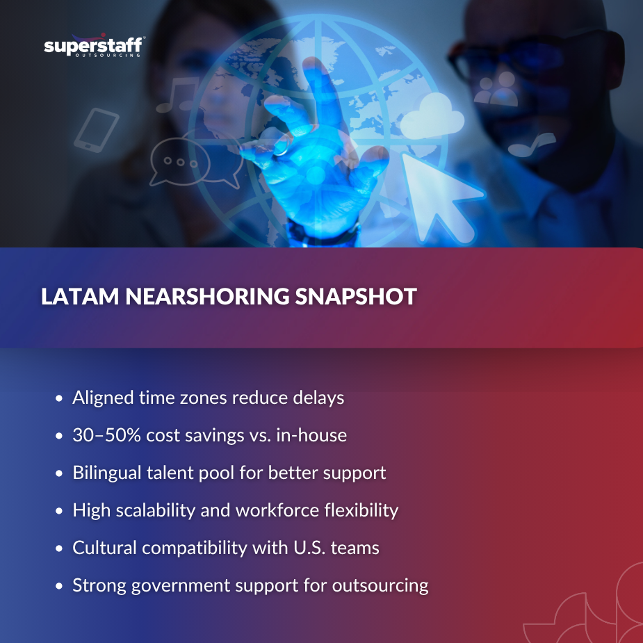 An infographic highlighting benefits of LATAM outsourcing, including cost savings and bilingual talent.