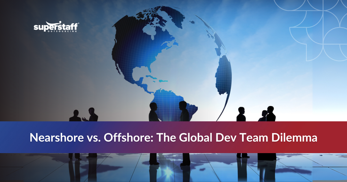 Globe icon with people silhouettes illustrating the concept of nearshore vs offshore outsourcing.