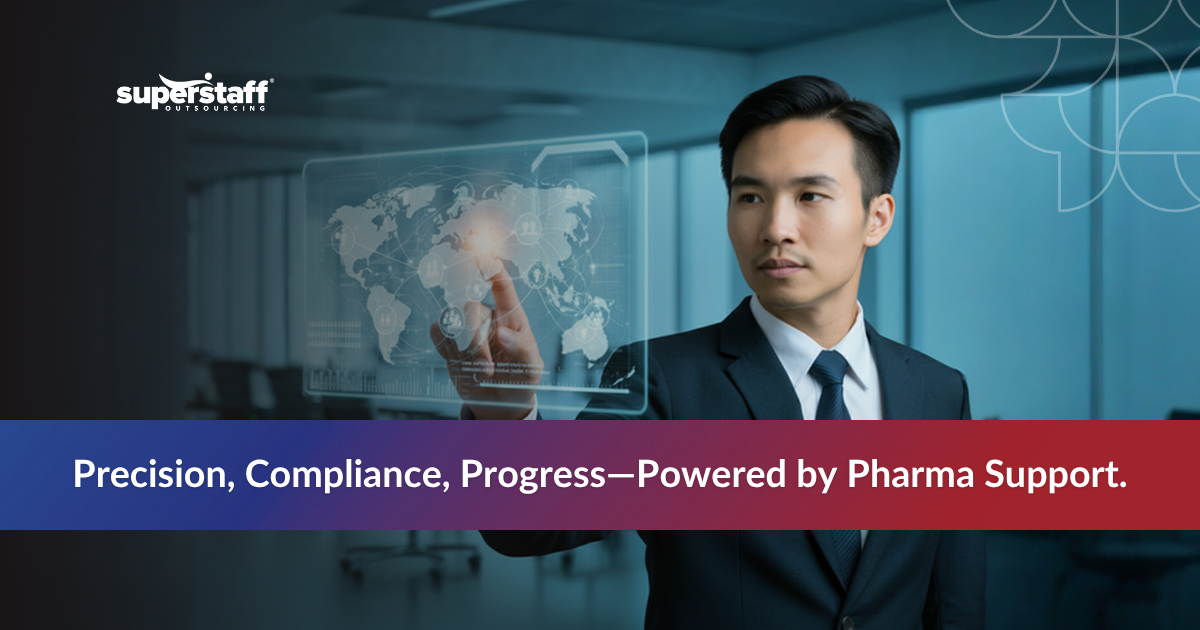 Pharmaceutical support services with man pointing at a holographic map