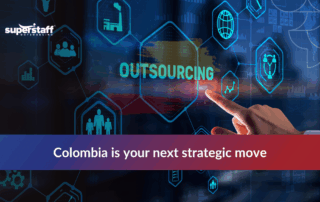 Graphic on Colombia outsourcing benefits, highlighting innovation, workforce skills, and favorable time zones.